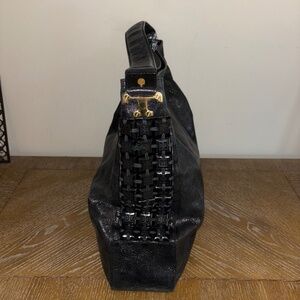 Tory Burch Large Black Glazed Leather Hobo Shoulder Handbag